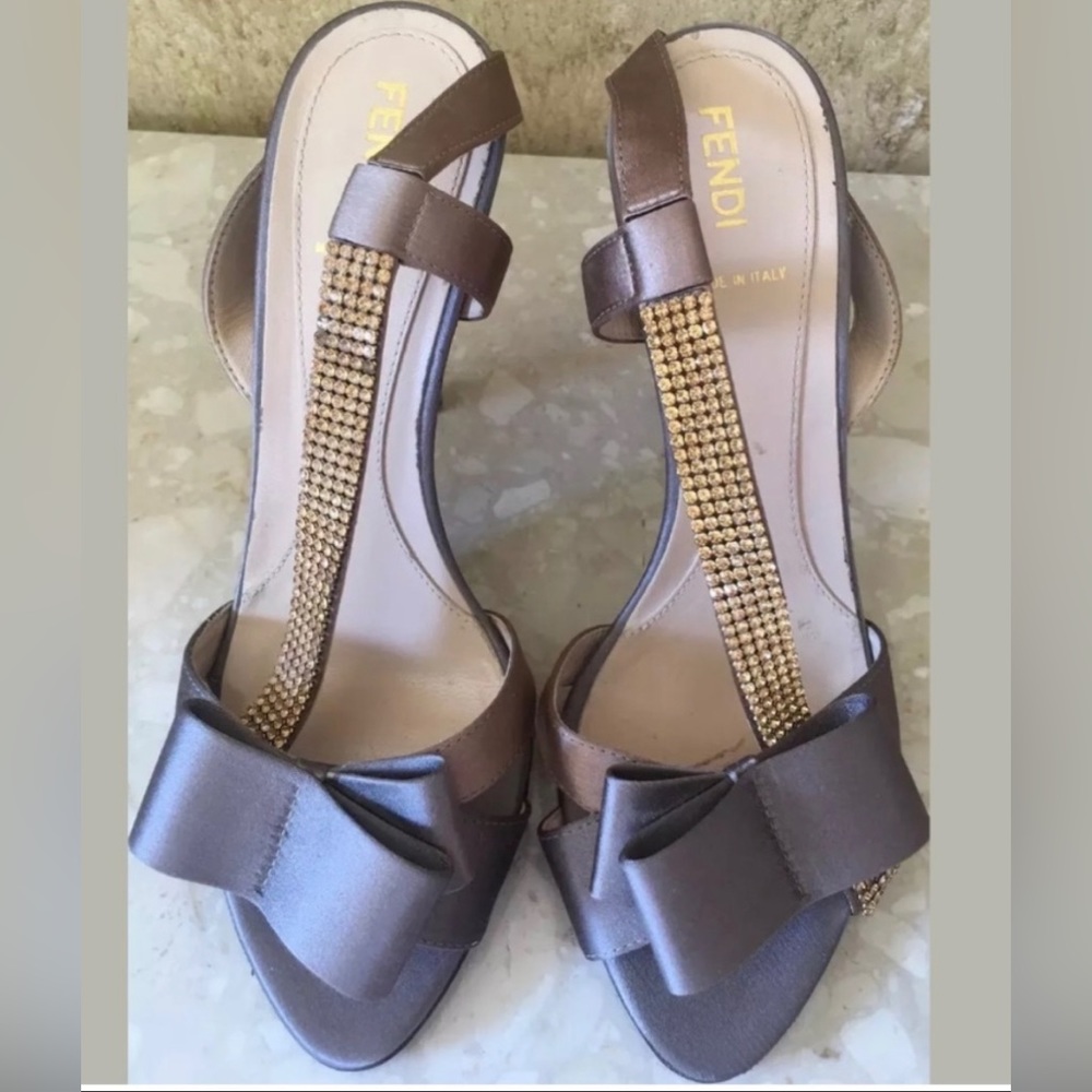FENDI Satin Peep Toe Heels Jeweled Stones Sandals